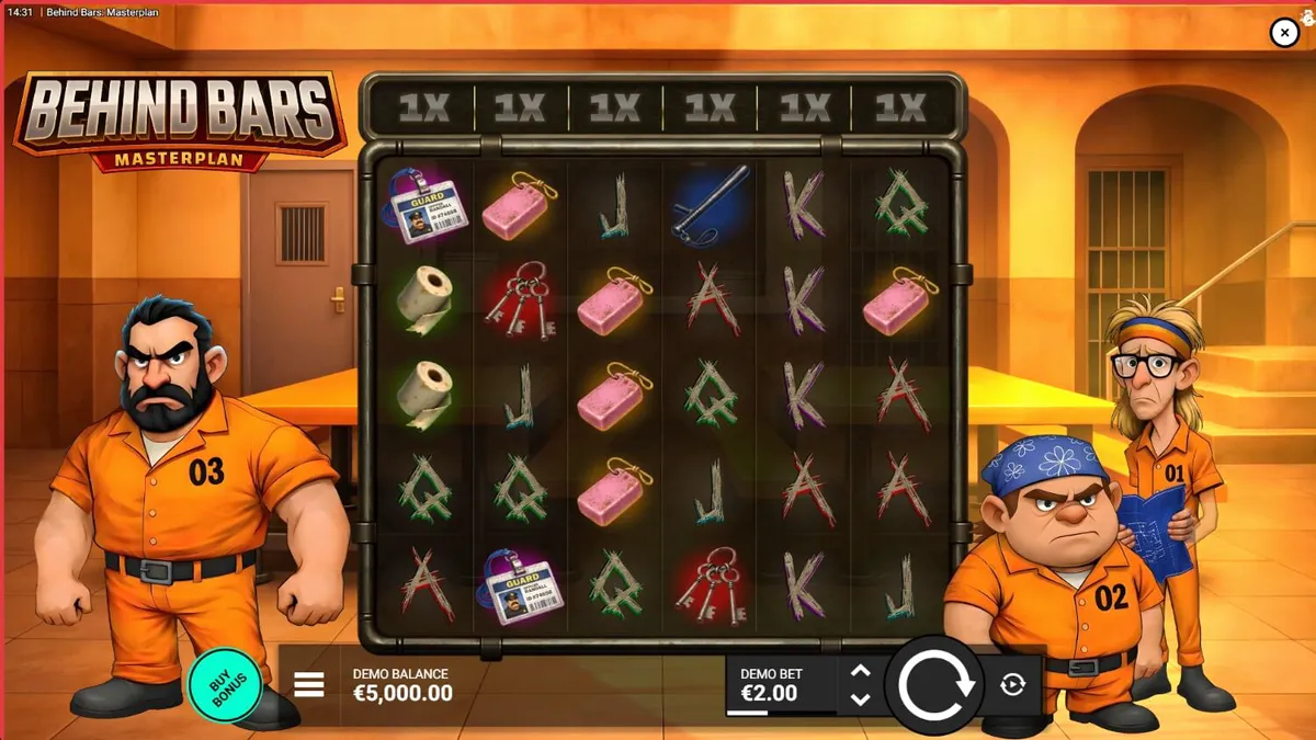 Behind Bars Masterplan slot game interface featuring cartoon convicts.